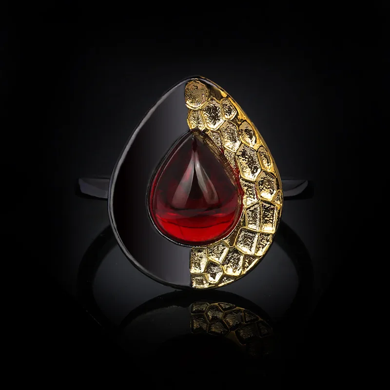 

CIZEVA Original Design Two Tone Gold Finger Rings Water Drop Red Crystal Goth Punk Rock Style Rings for Women Party Gift