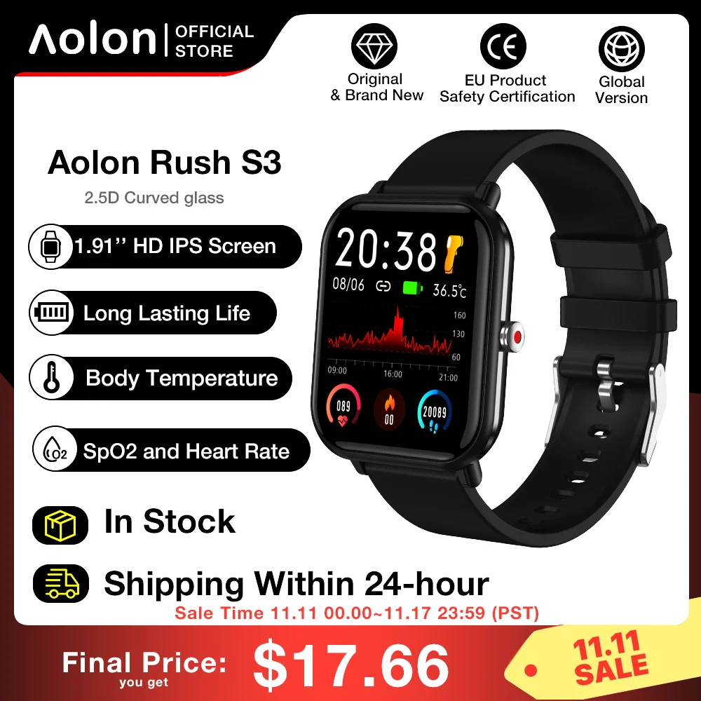 

Aolon Rush S3 Smart Watch Men Bluetooth Call 2.5D Curved glass 1.91 Inch Smartwatch Blood Oxygen Heart Rate Monitor Watches