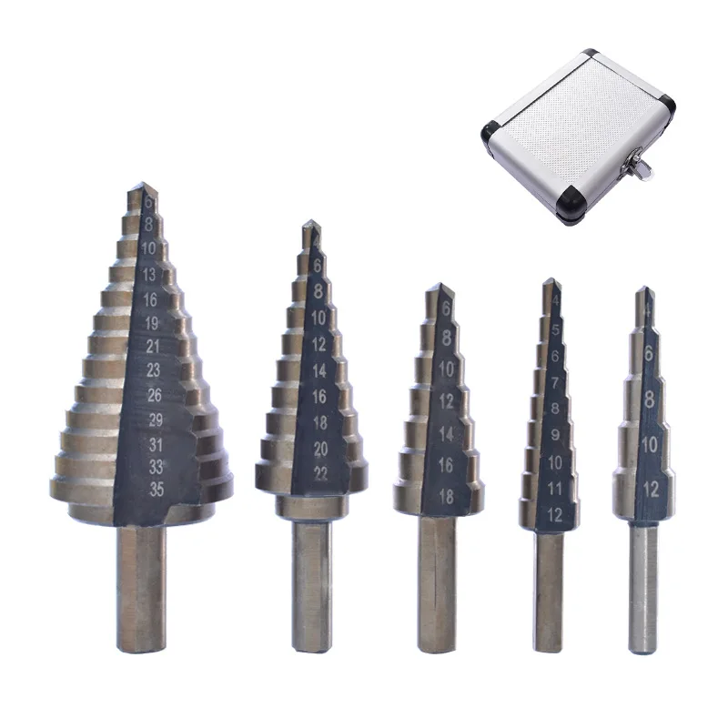 

5-Piece Black and Yellow Pagoda Drill Bit Set, High-Speed Steel Step Drill with Triangle Shank Tower-Shaped Stepped Drill Set