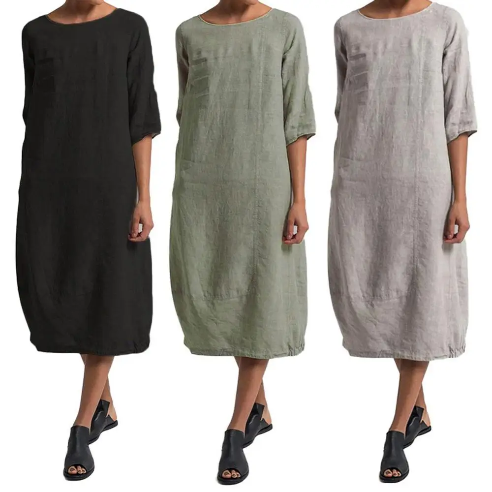 

summer dresses Plus Size 4xl Vintage Summer Women Solid Color O Neck Half Sleeve Linen Soft Loose Midi Dress length vestidos