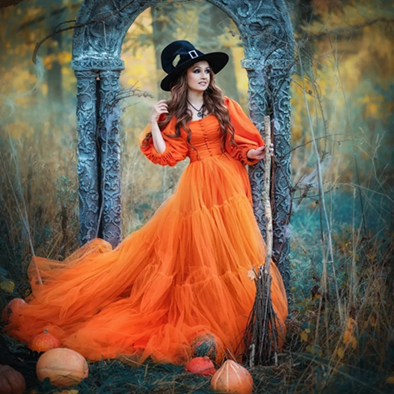 Dreamlike Orange Tulle A Line Women Dresses With Puff Sleeves Pretty Square Collar Tiered Ruffles Mush Photography Gowns