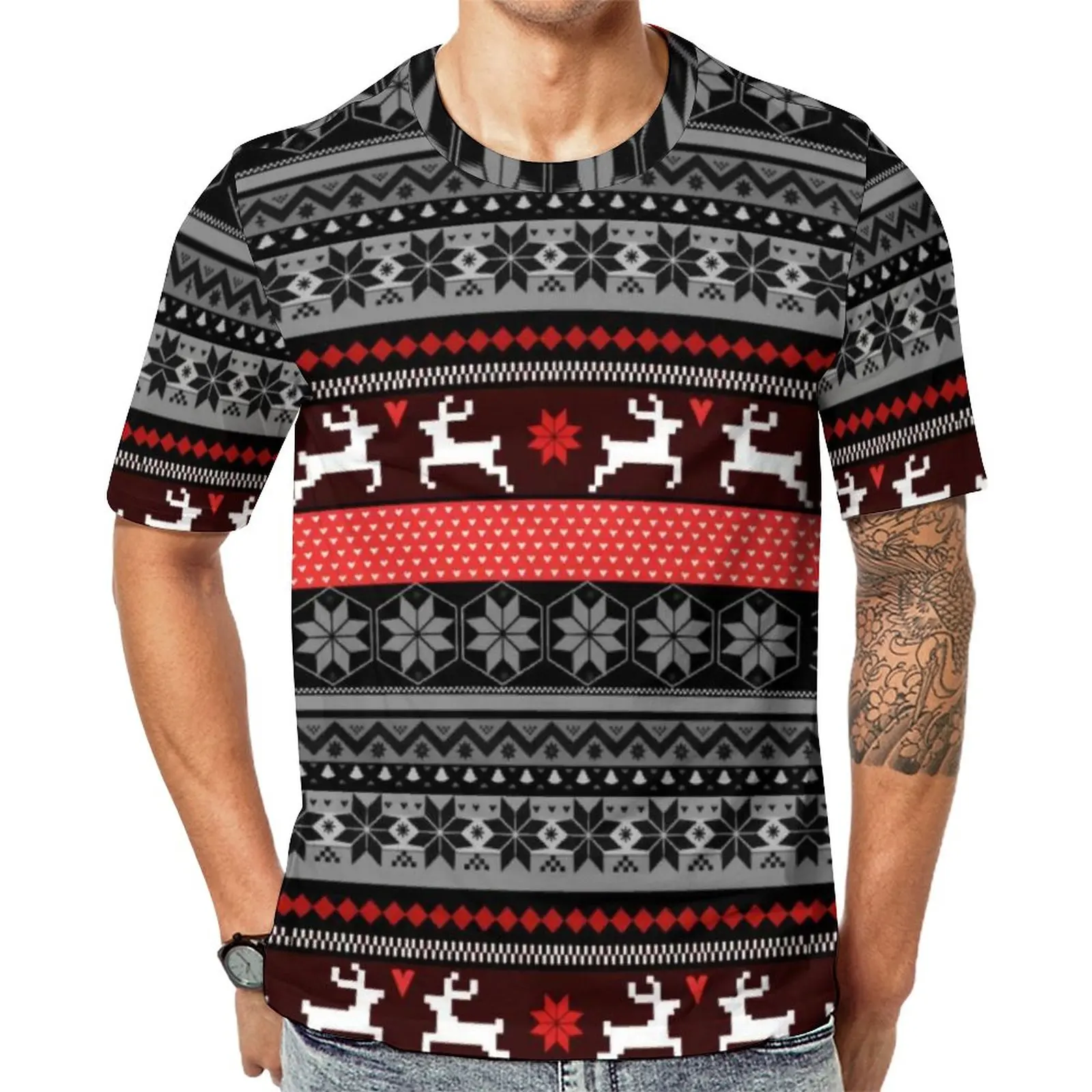

Nordic Animal T-Shirt Men Red Fair Isle Pattern Streetwear T-Shirts Summer Fashion Tees Short Sleeve Design Plus Size Tops