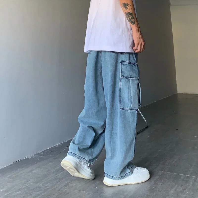 Autumn Winter Korean Streetwear Hip Hop Denim Trousers Male Jeans Denim Vintage Loose Cargo Pants Casual Baggy Wide Leg Jeans