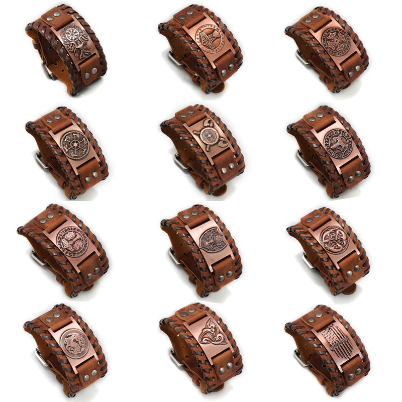 

Punk Nordic Viking Compass Shield Bracelet for Men Hand Woven Wide Genuine Leather Adjustable Wristband Cuff Bangle Jewelry