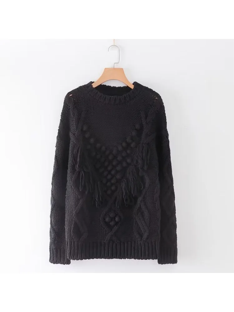 

BM&MD&ZA Women 2022 Autumn Fashion globular decorate tassels Knitted Sweater Vintage Long Sleeve Female Pullovers Chic Tops