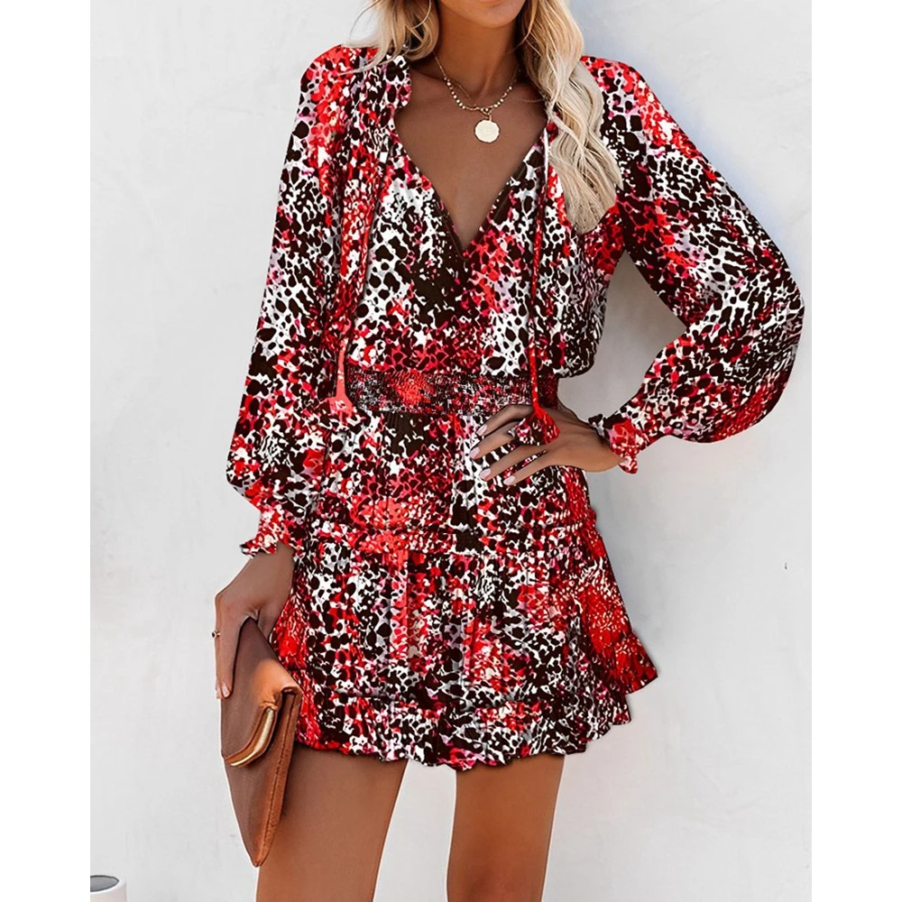 

2023 Women Paisley Print Ruffle Hem Shirred Waist Casual Dress V-Neck Long Sleeve Summer Short Dresses Female New in Dresses