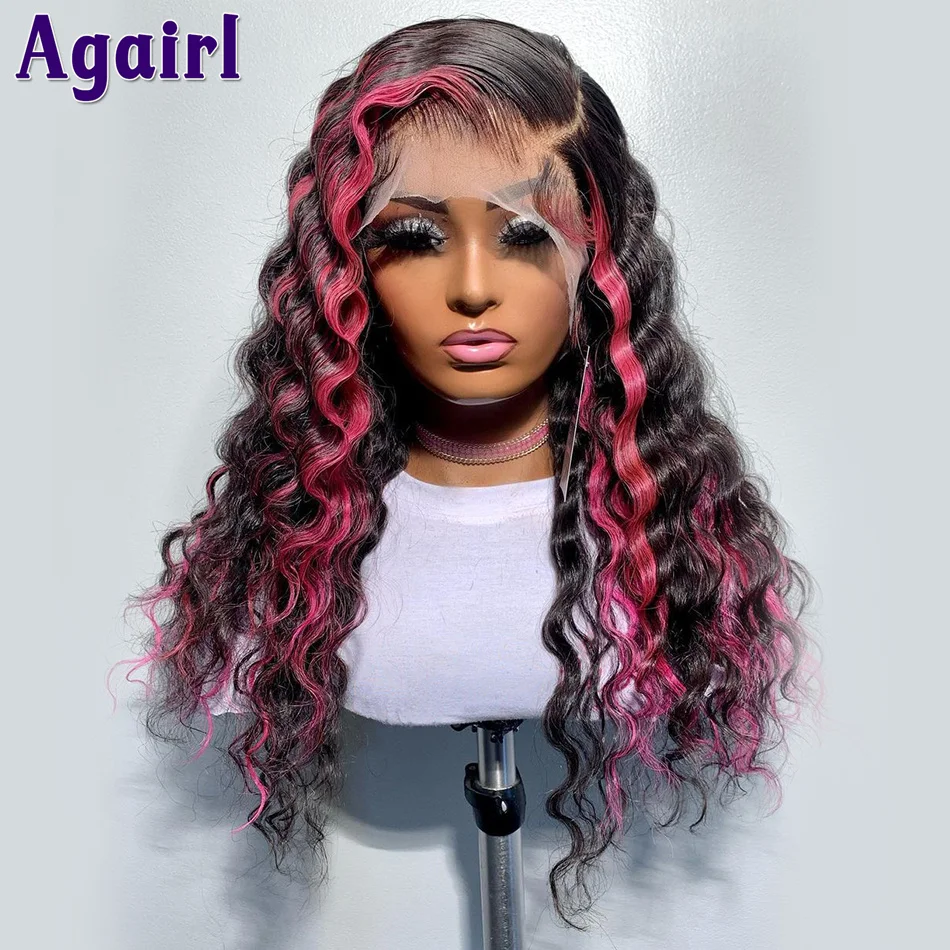 Pink Highlight Black 13X6 13X4 Deep Wave Lace Frontal Wig Loose Deep Wave Lace Closure Curly Human Hair Wigs for Women Pre Pluck