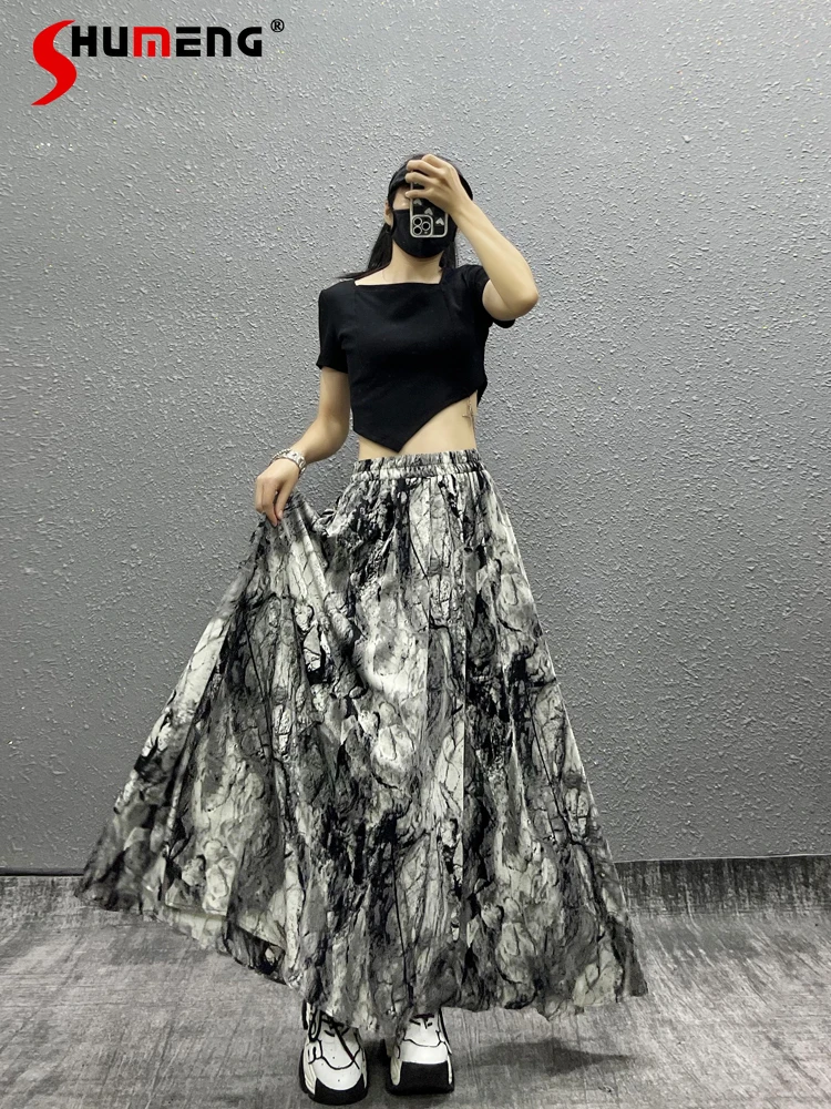 

Cool Ink Print Midi Skirt Female Summer New Western Style High Waist Loose and Slimming All-Matching A- Line Skirt for Women