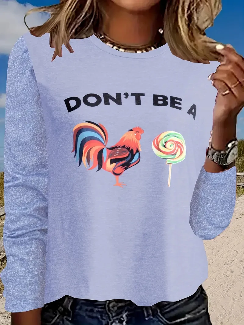 Женская Осенняя футболка Nice-Forever Повседневная Однотонная с принтом цыпленка