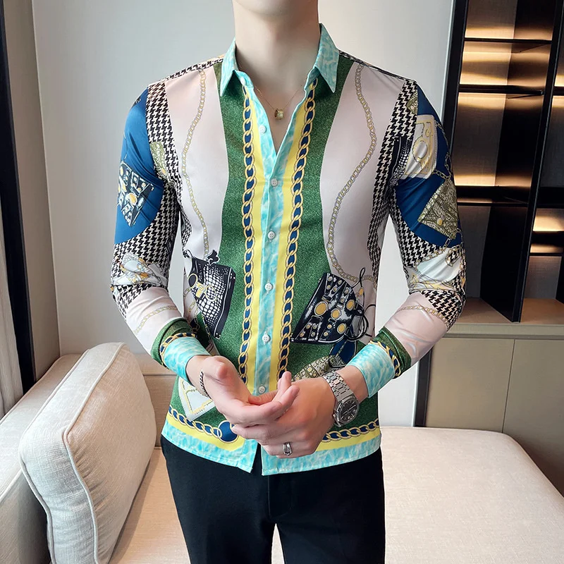 

Green 2023 Flower Fashion Shirt Slim Business Formal Dress Shirt Streetwear Social Office Camisa Masculina Long Sleeve Shirt Men
