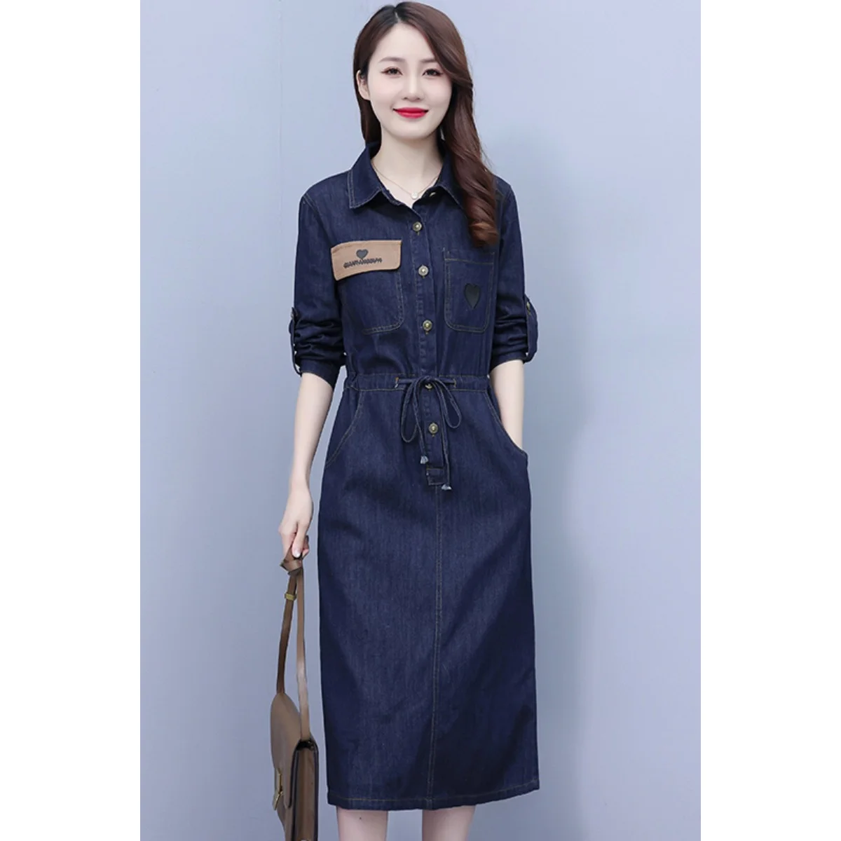 Женское джинсовое платье средней длины Элегантное однобортное с отложным