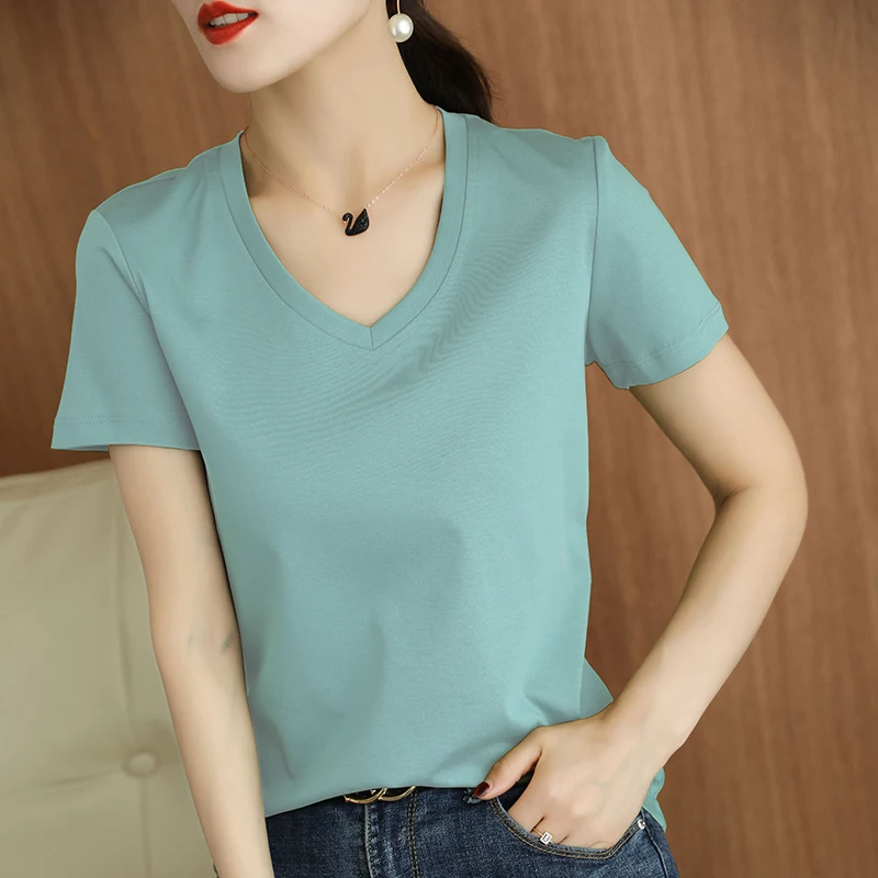 

Cool Feeling 90 100% Mercerized Cotton Short-Sleeved T-Shirt Women's Round Neck V-Neck Solid Color Cotton Loose Vest Half Sleeve