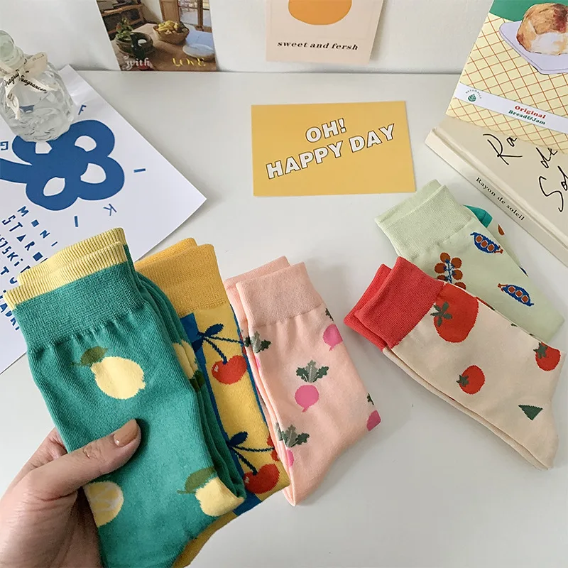 5 Pcs Harajuku Japanese Cute Cartoon Fruit Cotton Socks Set for Women New Sweet Kawai Spring Autumn Mid-Tube Cotton Korean Socks
