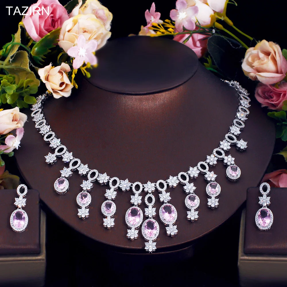 

Комплект свадебных украшений TAZIRN с выложенным фианитом для невесты, большое трехслойное ожерелье и серьги из фианита для уживечерние, комплект из колье и серёг