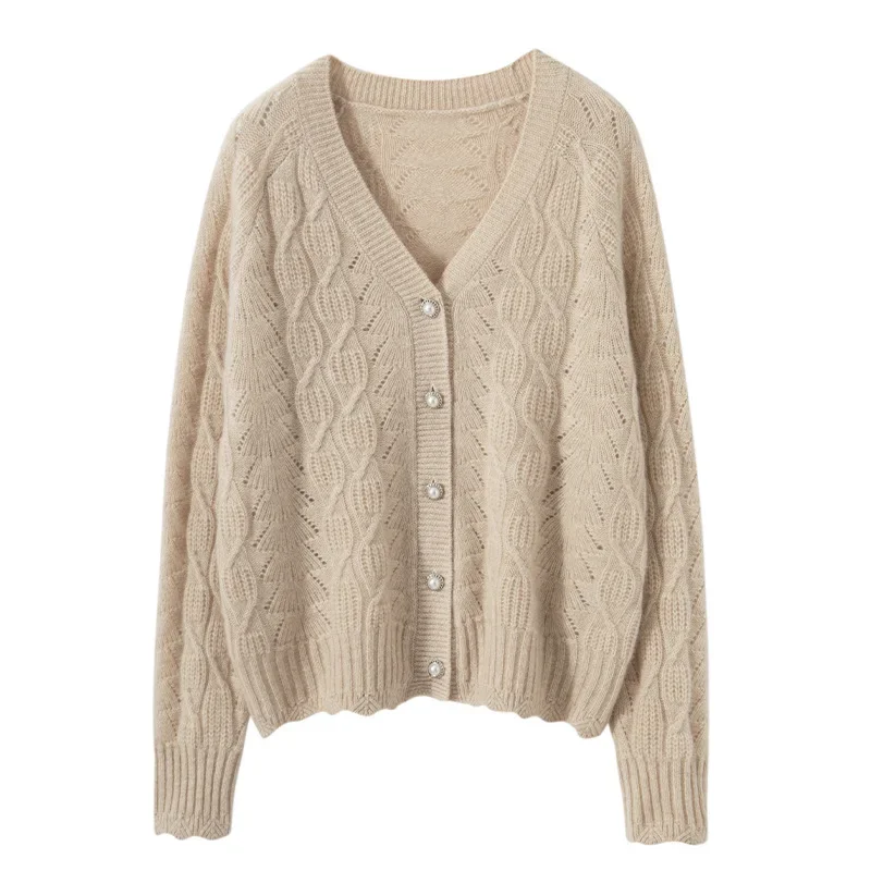 Весна и осень 2023 новый вязаный кардиган с v-образным вырезом ромбовидной вышивкой