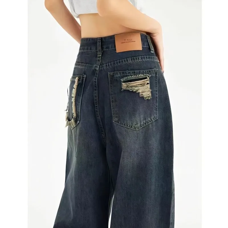 

Deeptown Vintage Ripped Jeans Women Autumn Casual Baggy Streetwear Wide Leg Denim Pants Female Korean Fashion Straight Trousers