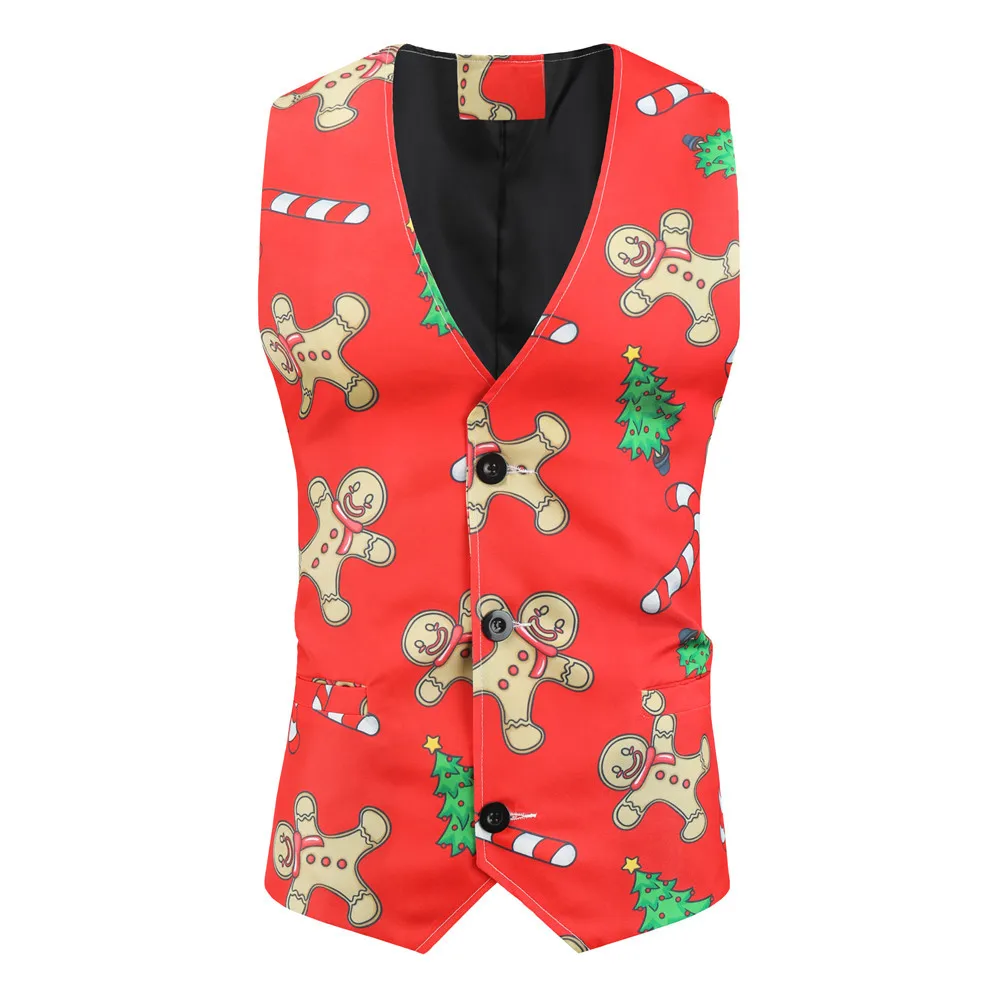

Стильный Рождественский жилет с принтом пряника, жилет для рождественской вечеринки, жилет с V-образным вырезом, приталенный костюм без рук...