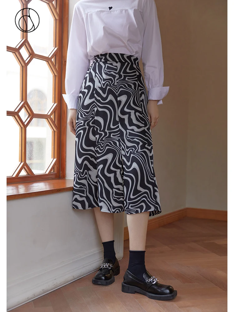 

DUSHU Slightly Fat Lady Empire Waist High Waist Mid-Calf Straight Dress Office Lady Black Gray Wave Pattern Long A-line Skirts