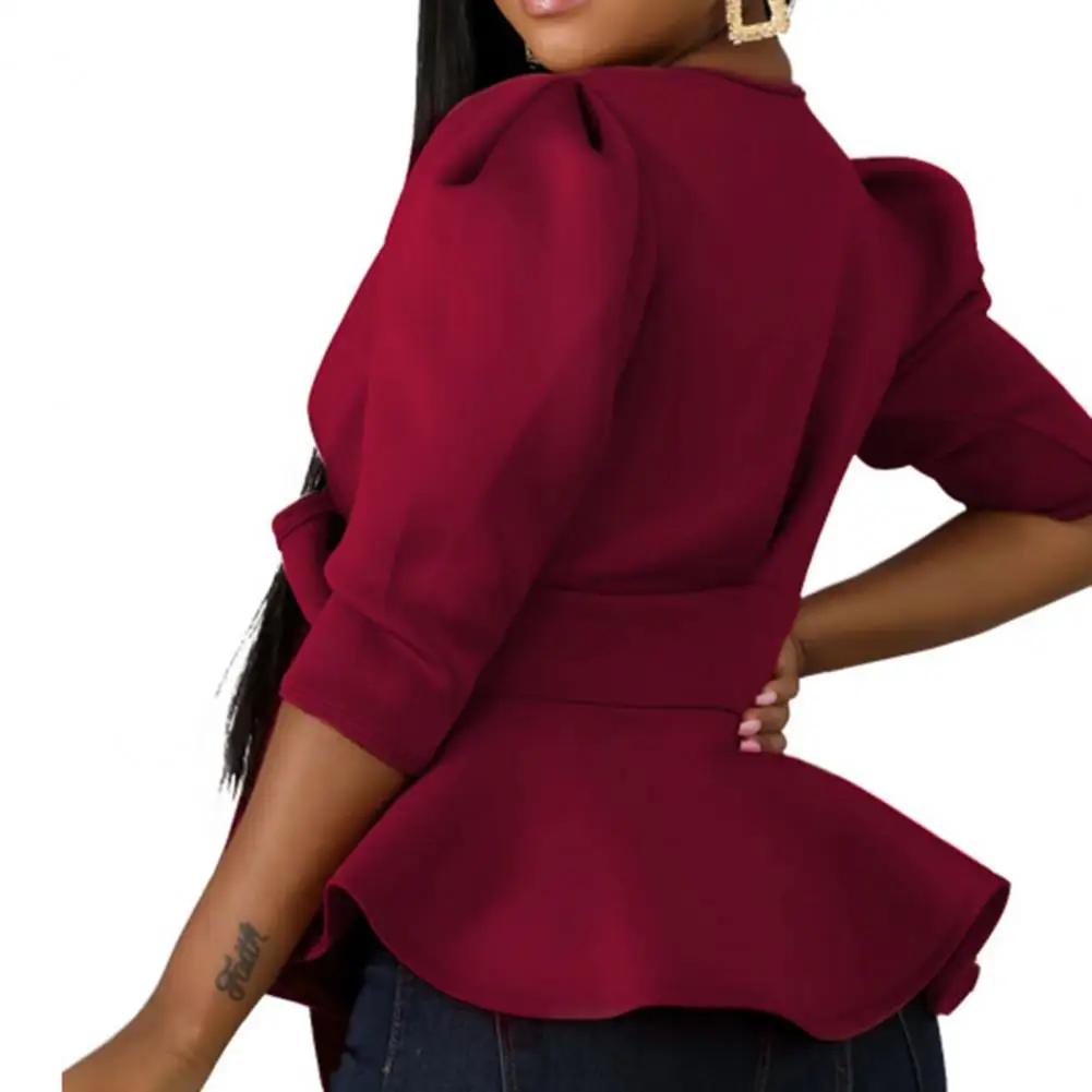 

Solid Color Stylish Front Bowknot Bandage Ruffle Hem Shirt Coat Lightweight Shirt Jacket Close-fitting Workwear