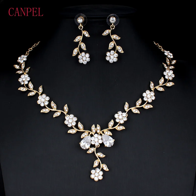

CANPEL Classic Bridal Jewellery Sets for Women's Dresses Accessories Cubic Necklace Earrings Set Gold Color Wedding Dresses