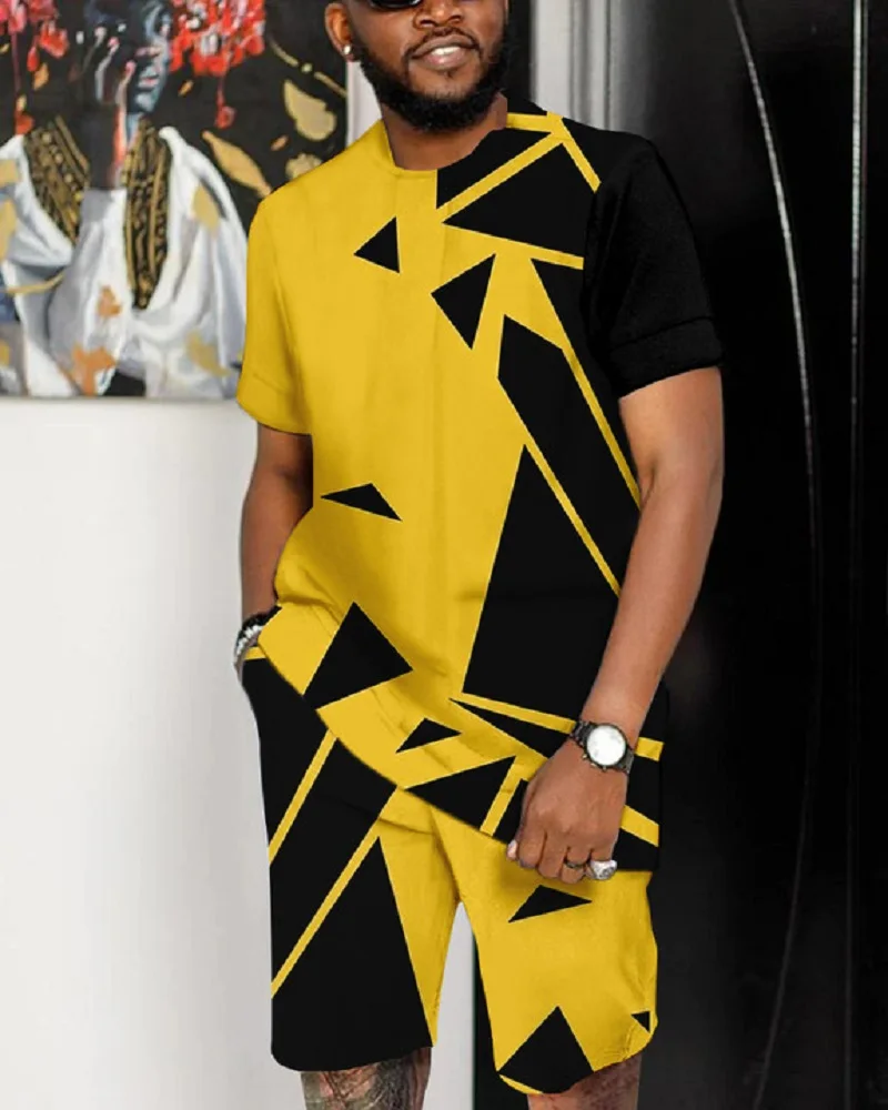 Summer Men T-shirts+Short Pants 2 Piece Sets Geometric Pattern Fashion Beach Tracksuit Short Sleeve Outdoor Casual Man Clothing