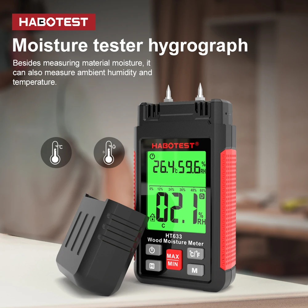 

HABOTEST HT633 измеритель влажности древесины типа Pin цифровой детектор влажности температуры влажности окружающей среды с ЖК-дисплеем с подсвет...