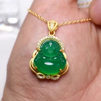 natural green agate hand carved buddha pendant boutique jewelry mens and womens green chalcedony 925 silver inlaid necklace