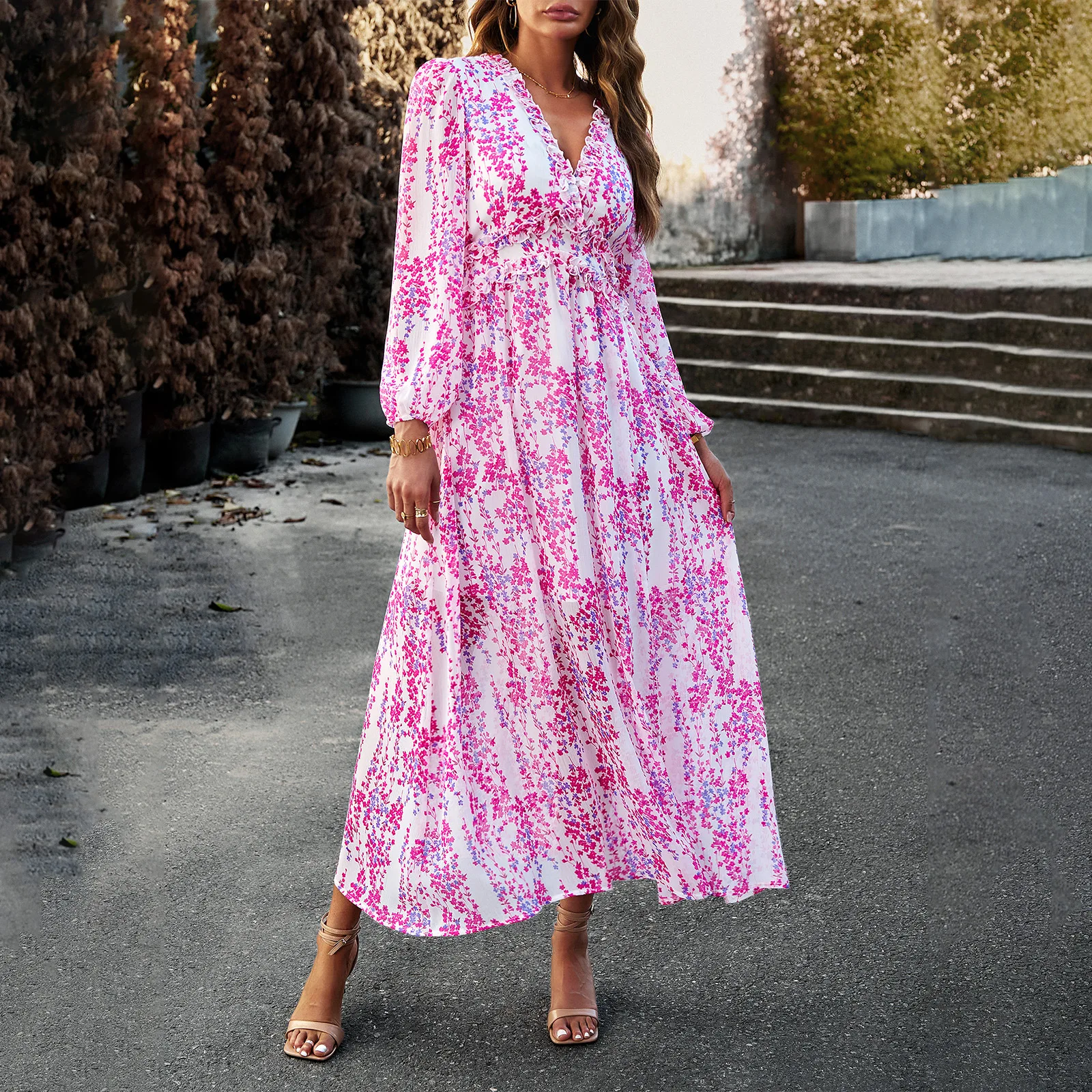 

Autumn/Winter V-neck Long Sleeve Elegant Chiffon Casual birthday dress for women