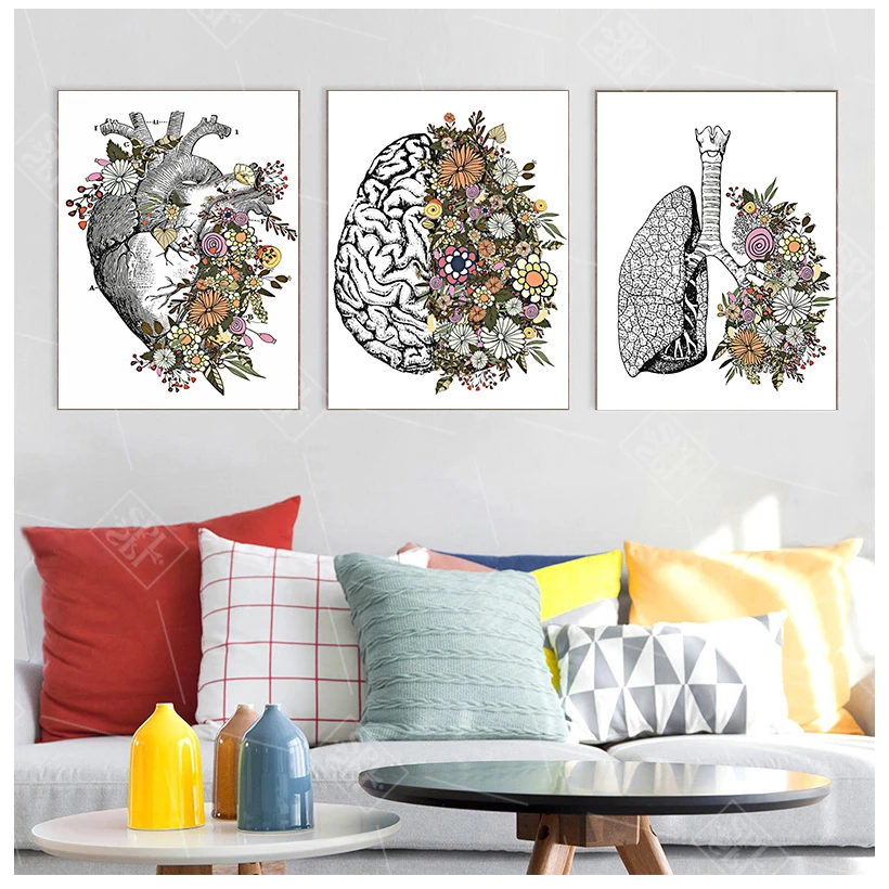 

Винтажная анатомия, цветочное сердце, мозг, настенная Картина на холсте, ретро плакаты и принты, настенные картины, декор медицинской врачей клиники