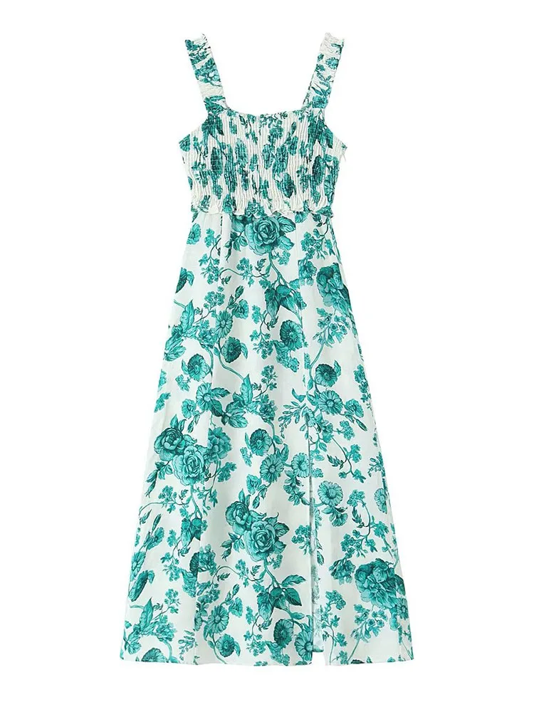 

TRAF Elegant 2023 Summer Print Elastic Mid-Calf Dress For Women Fashion Female Sleeveless Slash Neck Side Split A-line Dress
