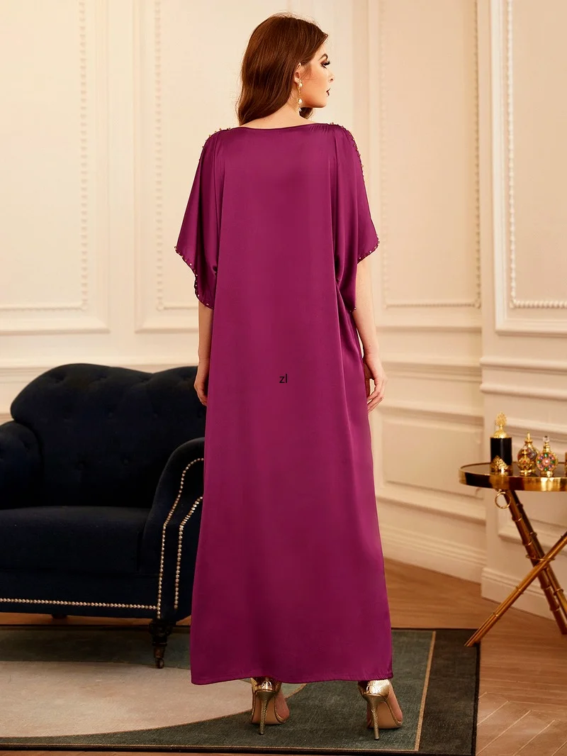 Satin Dress Dubai Abaya Jalabiya for Women Fashion Handsewn Rhiestones Crystal Off Shoulder Turkey Qtar Morocco Clothing