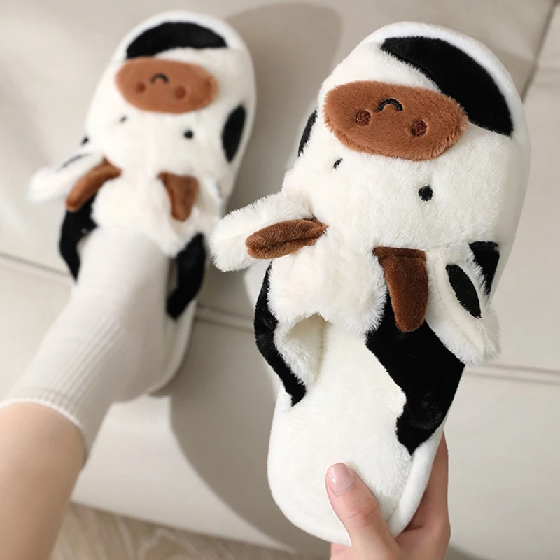 

Cute Animal Fur Slippers For Women Men Fashion Kawaii Fluffy Winter Warm Home Slippers Lovers Cartoon Milk Cow House Shoes