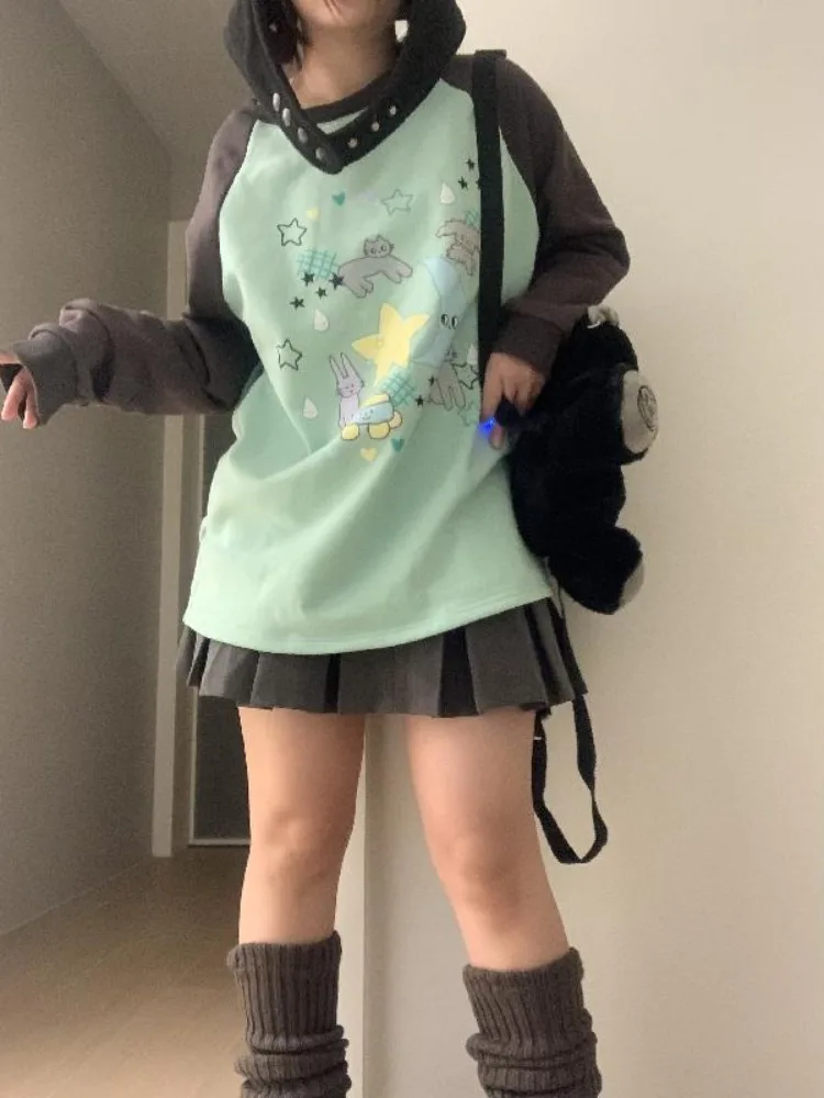 

Hikigawa Contrast Color Cartoon Print Tops Women Loose Casual Harajuku Streetwear Long Sleeve O Neck All Match Sweatshirts Mujer