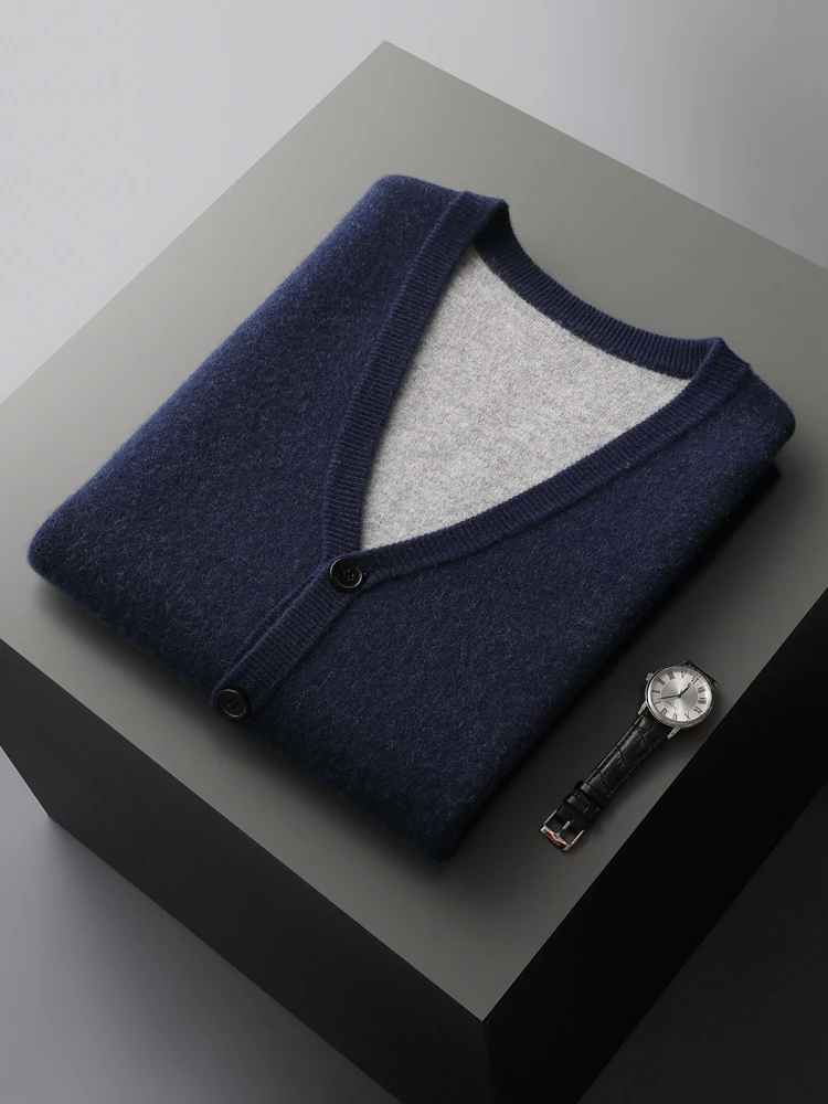 Мужской кашемировый свитер с V-образным вырезом базовый кардиган на осень и зиму