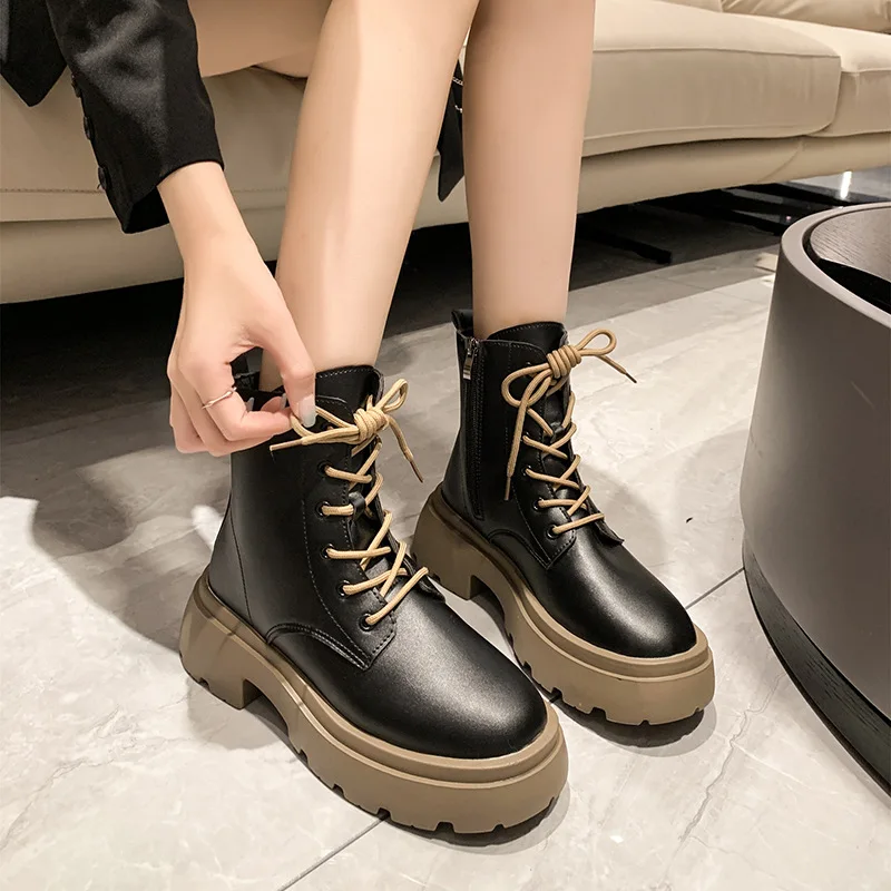 

Женские повседневные ботильоны в британском стиле, черные ботинки на платформе, Осень-зима