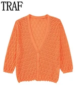 traf orange cropped cardigan woman jacquard knitted cardigan sweater women short sleeve crop top female summer cardigan women