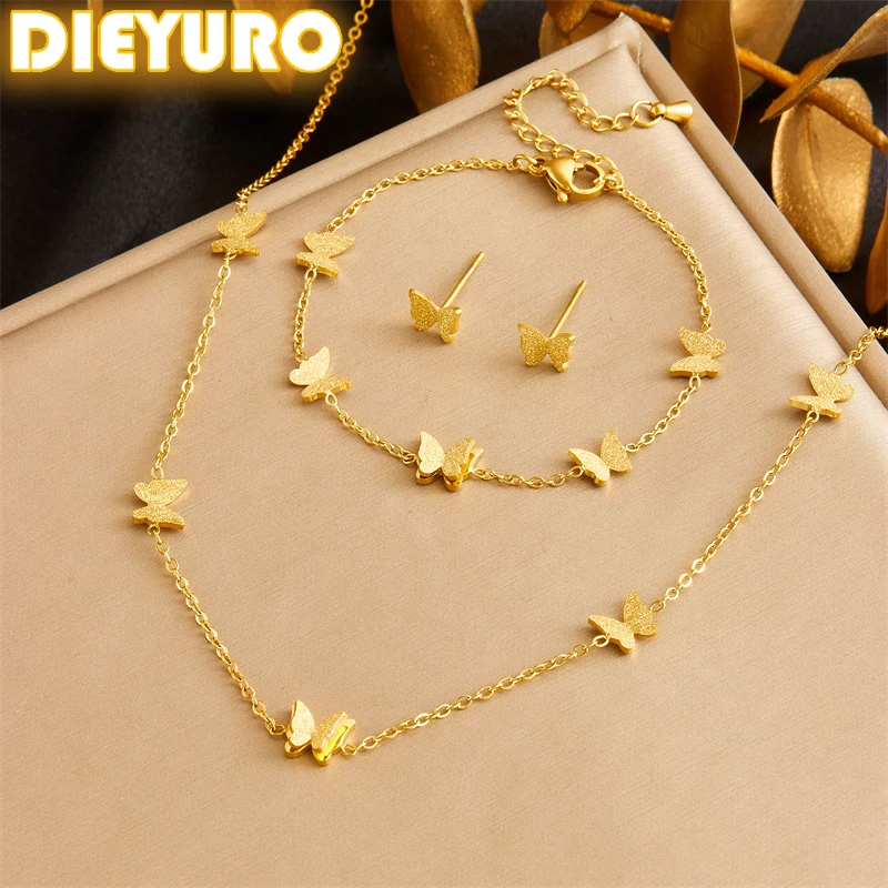 DIEYURO Нержавеющая сталь 316L Золотая бабочка Ожерелье Браслет Серьги Костюм для
