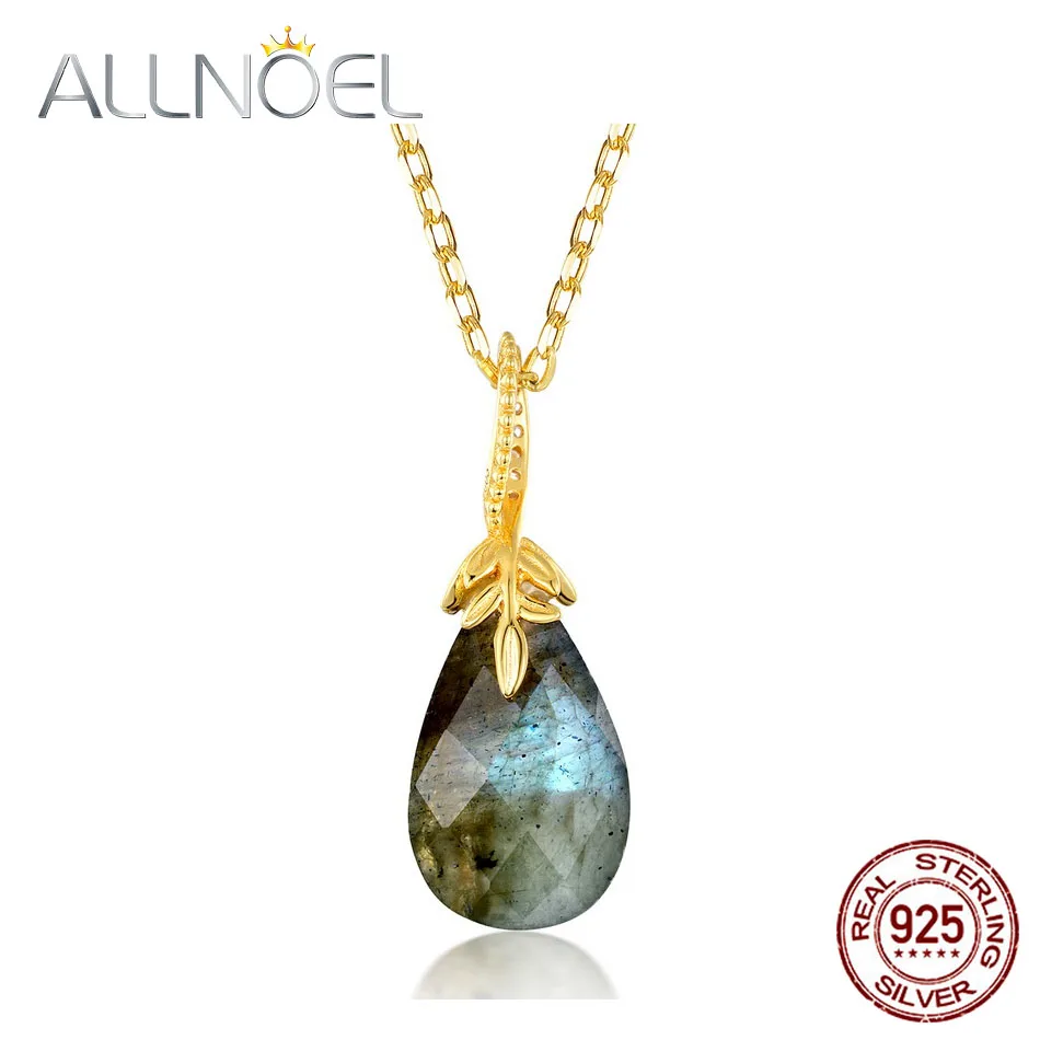 

ALLNOEL Solid 925 Sterling Silver Pendant Necklace for Women 100% Natural Labradorite Waterdrop Charm with Adjustable Chain New