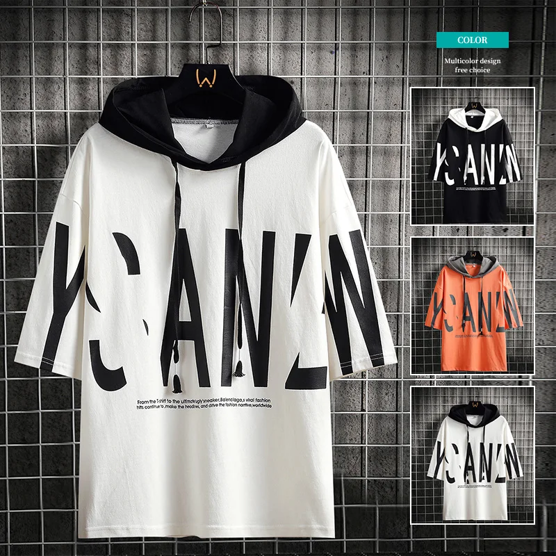 Summer Hoodie Men Half Sleeve T-shirt Hooded Sweatshirts Casual Loose Male Lace Up Hoodies Letter Print New Pure Cotton Top Tees | Мужская