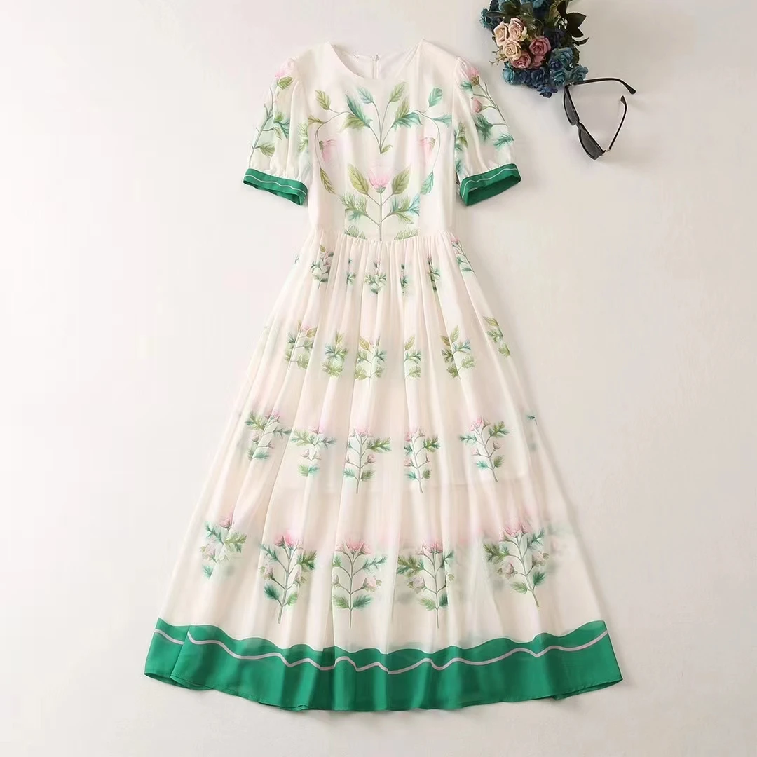 European and American women's clothes 2023 summer new Short sleeve Round neck Splice green printing fashion Pleated Dress XXL