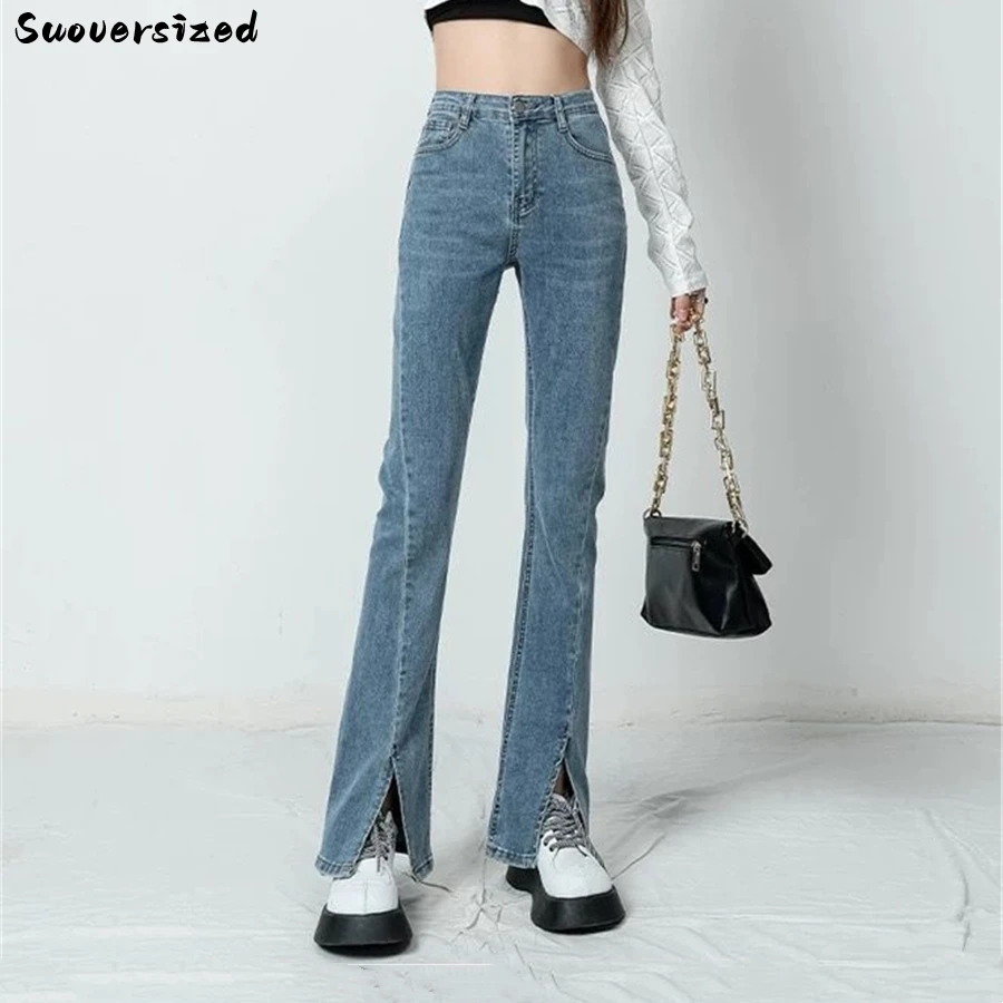 

Джинсы женские Стрейчевые с высокой талией, узкие брюки-клеш из денима с разрезом, модные штаны в Корейском стиле