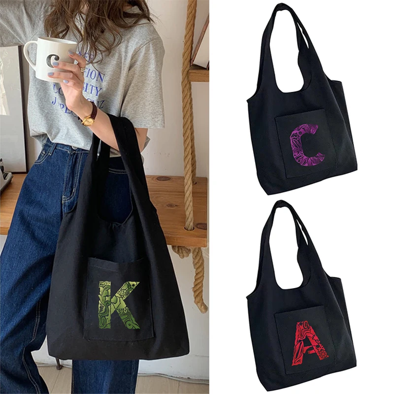 

Foldable Eco Shopping Bag Fashion Engrave Image Letter Print Tote Folding Pouch Handbag Travel Convenient Grocery Shoulder Bags