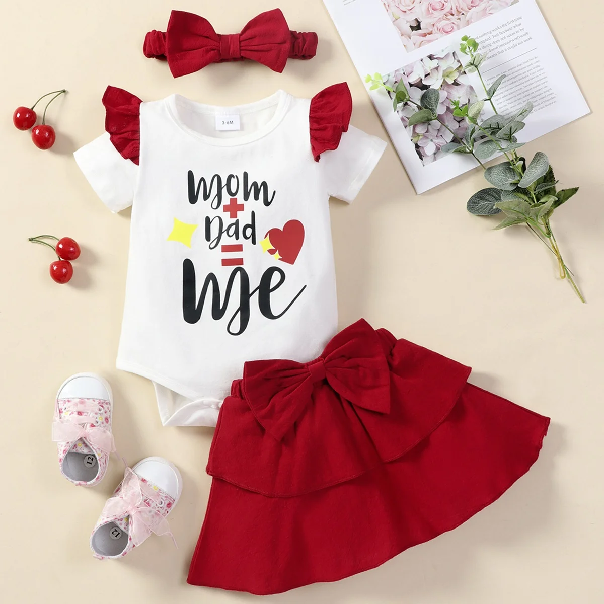 

Hibobi Baby Girl Ruffle Sleeve Bodysuit And Bowknot Multitier Skirt With Headband