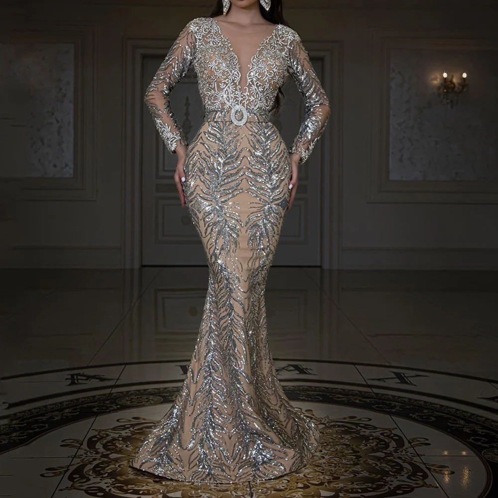 

Women's Dress Gold Plated Long Sleeve Slim Fit Sexy Fishtail Floor Sweeping Evening Dress2023