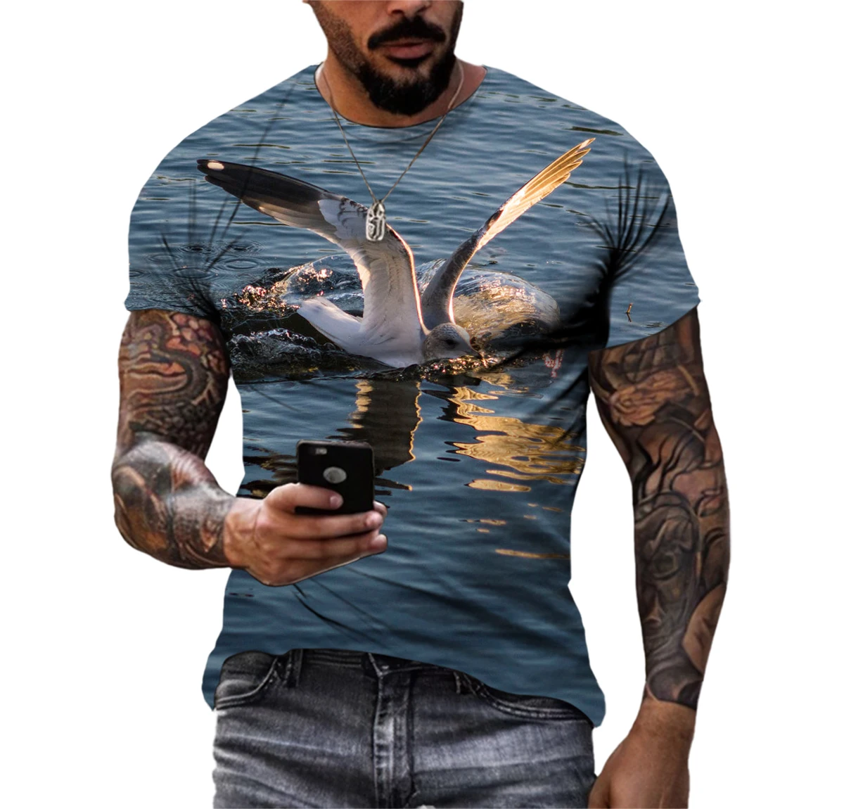 

Летняя мужская футболка с 3D-принтом в виде чайки, модный трендовый красивый универсальный топ с коротким рукавом и круглым вырезом