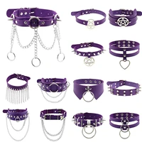 2022 long spike choker punk faux leather collar for women men cool purple rivets studded chocker goth style necklace accessories