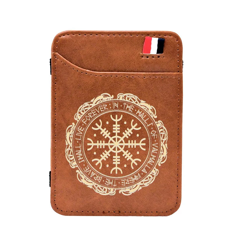 

Brown Vintage Viking Symbol Printing Leather Magic Wallets Classic Men Women Money Clips Card Purse Cash Holder BE447