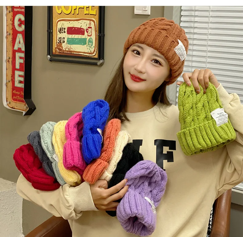 

Зимняя простая японская свободная грубая вязаная пуловер и шапка модная уличная теплая женская шапка шапки горячие девушки Кепка LUXXETON