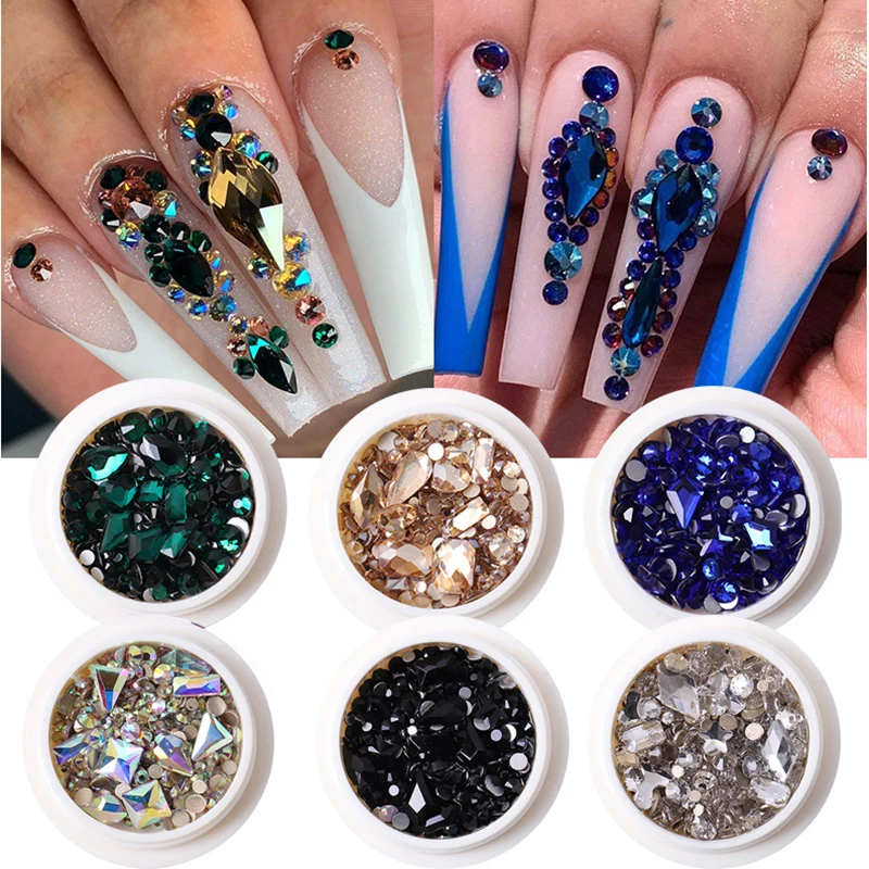 

2022 New 3D Nail Gem Colorful Rhinestone Nail Jewelry AB Flat Back Acrylic Decor Crystal Mixed Size Shiny Nail Art Nail Drill