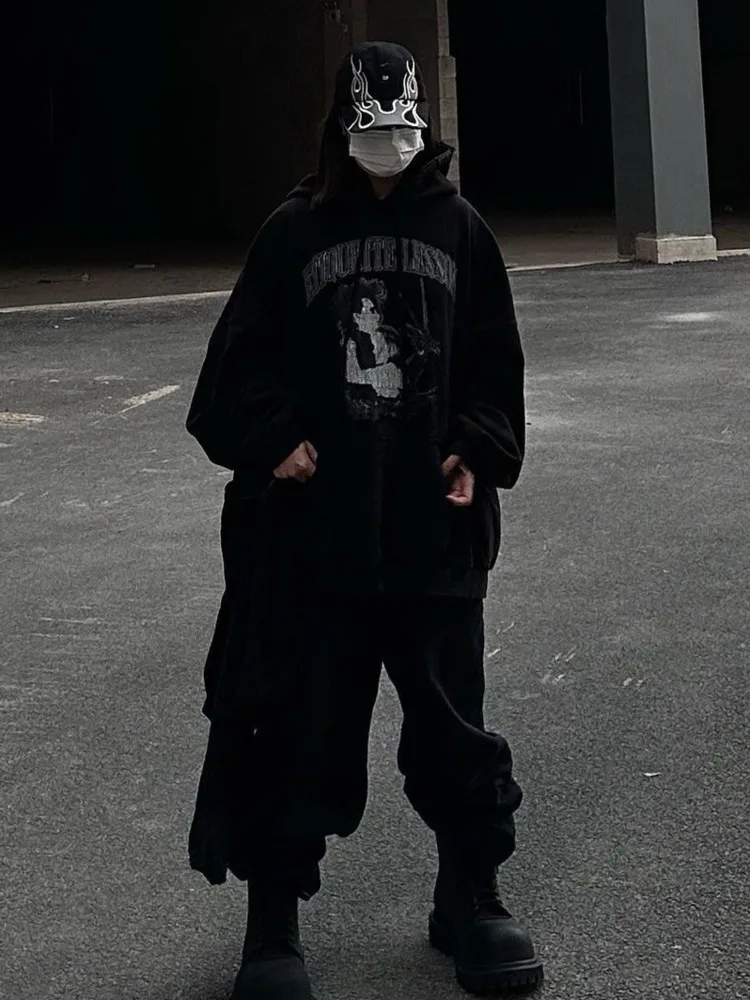 [BOMP] Эдвард Ножницы Черно-белая винтажная мужская толстовка с ручным принтом